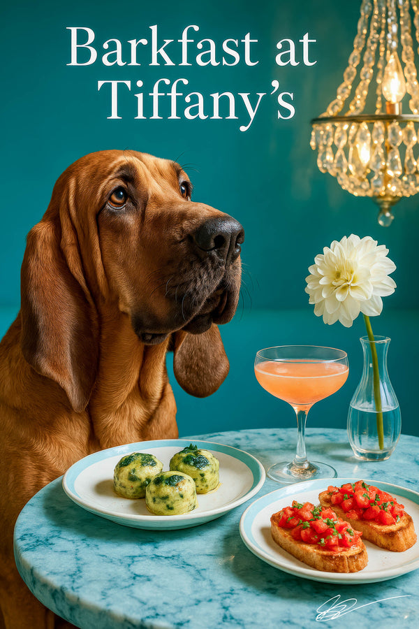 Bloodhound gazing at plates of spinach egg bites and tomato bruschetta with a peach cocktail and white dahlia under a chandelier on a Tiffany-blue marble table