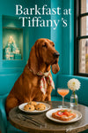 Bloodhound seated at a Tiffany-blue tufted banquette table with ham sandwich triangles, scones, butter dish, sugar bowl, and a peach cocktail