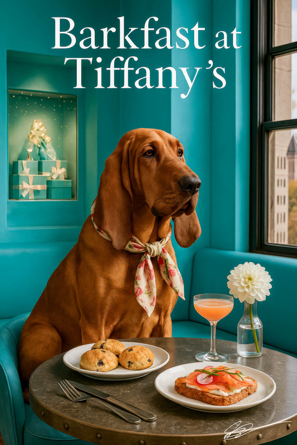 Bloodhound seated at a Tiffany-blue tufted banquette table with ham sandwich triangles, scones, butter dish, sugar bowl, and a peach cocktail