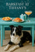Border Collie peeking from under a turquoise table with plates of sliced peaches, smoked-salmon toast, a frothy cocktail, a Tiffany-blue gift box, and a chalk constellation backdrop