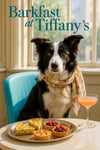 Border Collie wearing a floral scarf seated at a table by a window with spinach-quiche slices, mixed berry tarts, and a peach cocktail