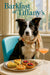Border Collie wearing a floral scarf seated at a table by a window with spinach-quiche slices, mixed berry tarts, and a peach cocktail