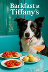 Border Collie seated behind a turquoise table with plates of tomato bruschetta, marinated tomato halves, cheese scones, and a peach cocktail against a turquoise banquette backdrop