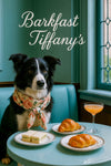 Border Collie wearing a floral scarf seated at a round Tiffany-blue table with cucumber tea sandwiches, two croissants, and a peach cocktail by a large window