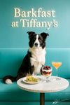 Border Collie seated on a turquoise tufted banquette behind a marble table with a slice of spinach quiche, a layered berry parfait glass, and a peach cocktail