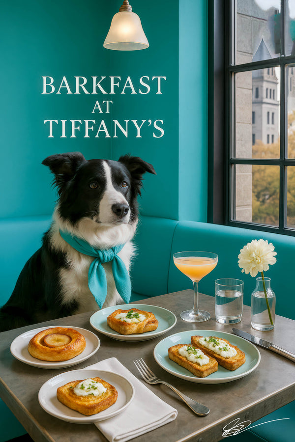 Border Collie wearing a teal scarf seated in a turquoise booth next to a table with a peach Danish, ricotta-topped toasts, water glasses, a peach cocktail, and a white dahlia bloom