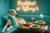 Elegant borzoi in turquoise scarf at turquoise banquette with pretzel, mini pizzas, cocktail & single white flower under “Barkfast at Tiffany’s” neon sign