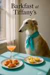 legant borzoi in turquoise scarf by sunlit window at brunch table with smoked-salmon crostini, lemon-curd tarts & cocktail – Barkfast at Tiffany’s metal print