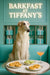 Elegant borzoi in turquoise scarf before Tiffany-blue gift boxes and neon “Barkfast at Tiffany’s” sign, with apple tarts, cucumber rounds & cocktail on marble table