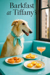 Elegant borzoi in a turquoise scarf seated by a window on a turquoise banquette with smoked-salmon crostini, lemon-curd tarts & peach cocktail under “Barkfast at Tiffany’s” sign