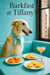 Elegant borzoi in a turquoise scarf seated by a window on a turquoise banquette with smoked-salmon crostini, lemon-curd tarts & peach cocktail under “Barkfast at Tiffany’s” sign