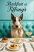 Bull Terrier wearing a floral scarf at a turquoise banquette with a mixed-berry tart, cucumber tea sandwiches, a cup of coffee and a peach-hued cocktail on a white tablecloth under “Barkfast at Tiffany’s” script