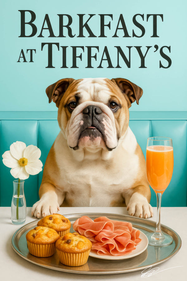 English Bulldog seated at a Tiffany-blue banquette with a silver tray holding three cheese muffins, a plate of thinly sliced prosciutto, a peach-hued cocktail and a white flower in a vase under “Barkfast at Tiffany’s” sign