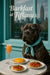 Brindle Cane Corso wearing a Tiffany-blue neckerchief at a marble café table by a city-scape window, with tomato tartlets, mango tart and a peach-pink cocktail under “Barkfast at Tiffany’s” lettering