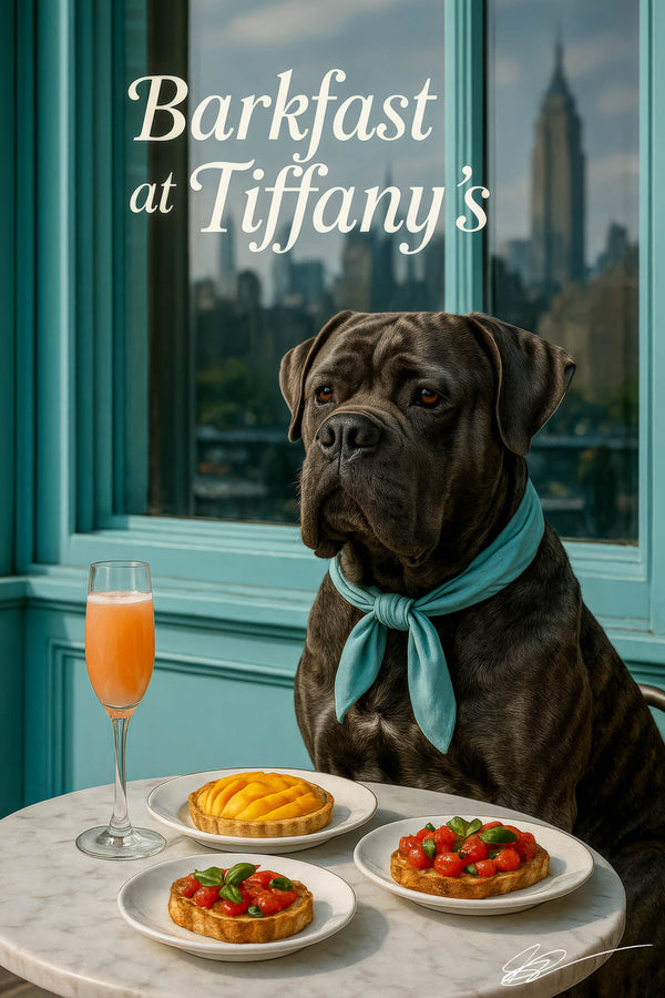 Brindle Cane Corso wearing a Tiffany-blue neckerchief at a marble café table by a city-scape window, with tomato tartlets, mango tart and a peach-pink cocktail under “Barkfast at Tiffany’s” lettering