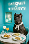 Grey Cane Corso wearing a white scarf seated at a marble café table in a Tiffany-blue corner, with cucumber tea sandwiches, scones, a gift box, and a peach-pink cocktail under “Barkfast at Tiffany’s” lettering