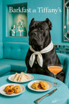 Black Cane Corso wearing a white silk scarf seated at a Tiffany-blue café table with cucumber tea sandwiches, raisin scones, a Tiffany gift box, and a peach-pink brunch cocktail under “Barkfast at Tiffany’s” lettering