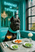Photorealistic Cane Corso wearing Tiffany-blue scarf seated at a marble table with salmon canapés, cucumber rounds, cocktail and neon “Barkfast at Tiffany’s” sign