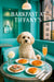 Cavachon dog seated in a turquoise café booth at Barkfast at Tiffany’s with mini quiches, fig-topped ricotta toast, a mimosa, and a white flower on a round marble table.