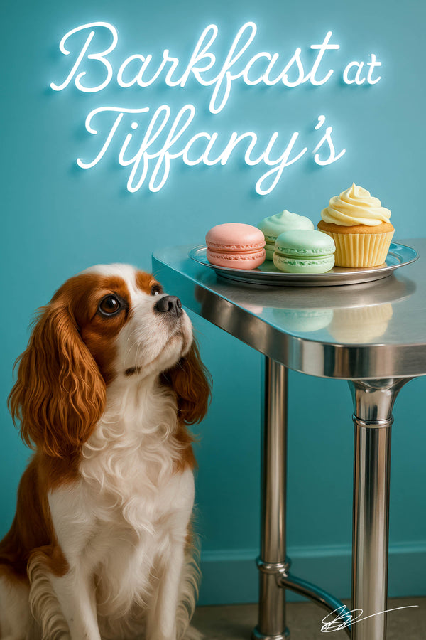 Cavalier King Charles Spaniel looking up at pastel macarons and a cupcake on a metal table under a neon Barkfast at Tiffany’s sign against a teal background