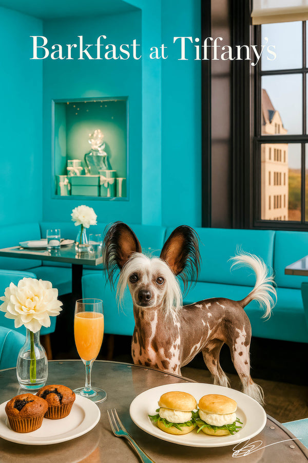 Chinese Crested dog standing by muffins and a mimosa in a turquoise café setting