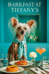 Chinese Crested dog wearing a turquoise scarf at a café table with tomato toast, pastry, cocktail and white flower against Tiffany-blue décor