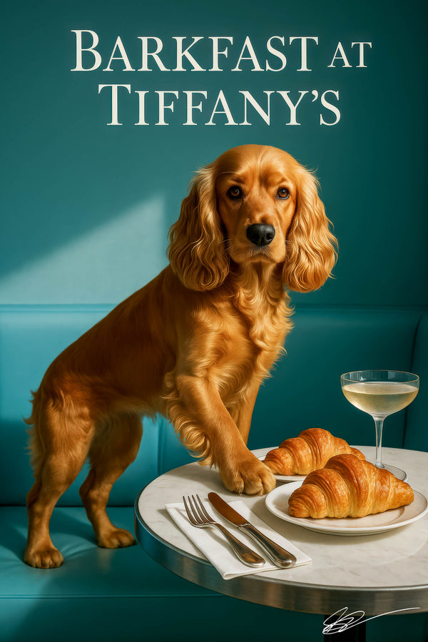 Golden cocker spaniel with paw on marble café table set with flaky croissants silverware and bubbly coupe glass
