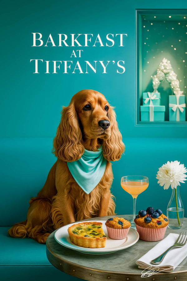 Cocker spaniel in teal bandana sitting on teal booth at marble table with quiche slice blueberry muffins cocktail and white flower