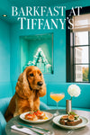 Golden cocker spaniel in Tiffany blue booth by window with tomato bruschetta fig toasts and peach cocktail on marble table