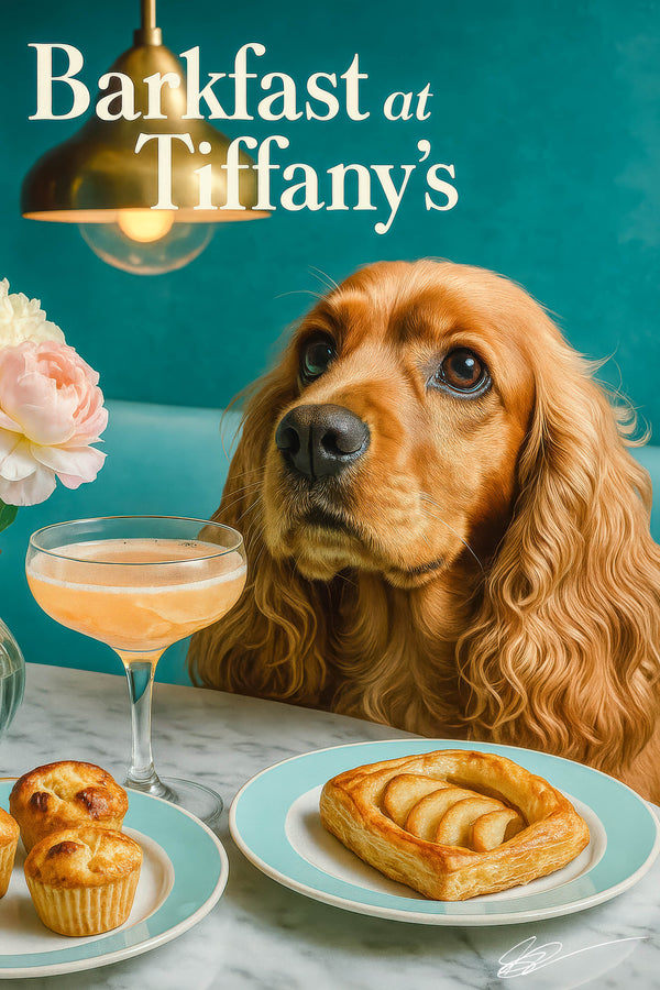 Golden cocker spaniel looking up at brass pendant lamp in teal café setting with muffins danish cocktail and blush flower in vase