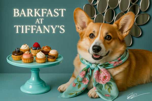 Corgi wearing floral scarf lying beside Tiffany-blue pedestal of assorted mini tarts in front of decorative mirror