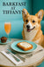 Smiling corgi seated at turquoise café booth beside marble table with whipped-topped toast chocolate muffin coupe cocktail and neon Barkfast at Tiffany’s sign