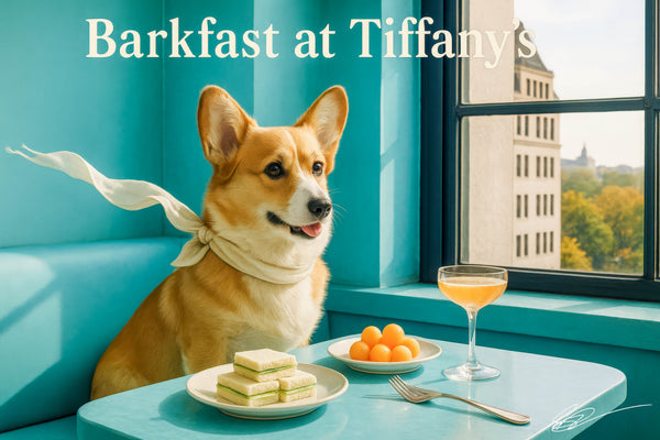 Corgi wearing white scarf seated in turquoise booth by window with tea sandwiches bowl of melon balls and peach cocktail on marble table
