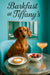 Dachshund sitting in a turquoise café booth by a window with a cream tart bowl of fresh berries and a peach cocktail on a metal table
