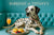 Dalmatian lying on turquoise tufted booth beside a silver tray with eggs Benedict berries and a peach cocktail