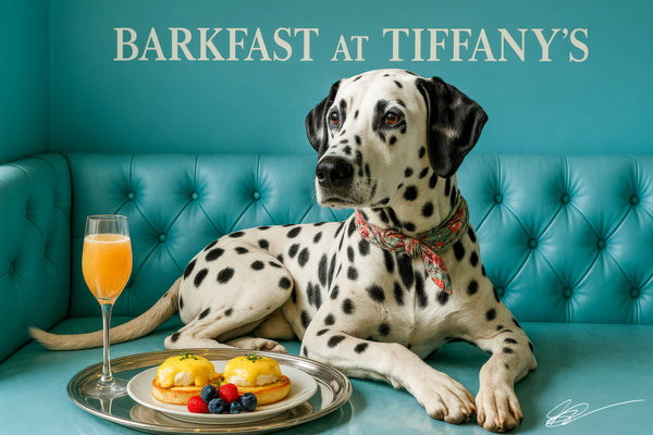 Dalmatian lying on turquoise tufted booth beside a silver tray with eggs Benedict berries and a peach cocktail