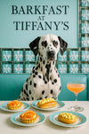 Dalmatian sitting on turquoise tufted bench in front of wall of Tiffany blue gift boxes beside table with apricot tarts egg salad buns and peach cocktail