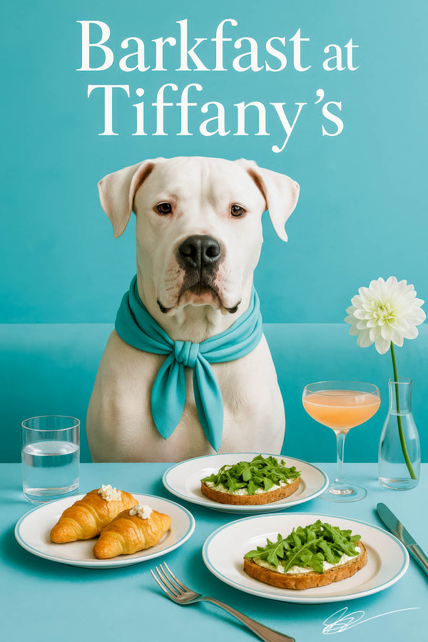 Dogo Argentino wearing turquoise scarf seated at turquoise booth with cheese-topped croissants, arugula toasts, glass of water, frothy cocktail, and white flower in vase