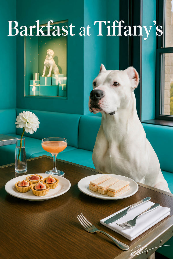 Dogo Argentino seated on turquoise banquette by window beside table with fig tarts crustless tea sandwiches frothy peach cocktail and white bloom in vase