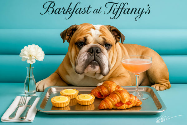 English bulldog lounging on turquoise banquette with tray of custard tarts and croissants beside peach cocktail and white flower in vase