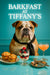 English bulldog wearing black scarf seated on turquoise banquette beside marble table with herb muffins berry parfait and frothy cocktail
