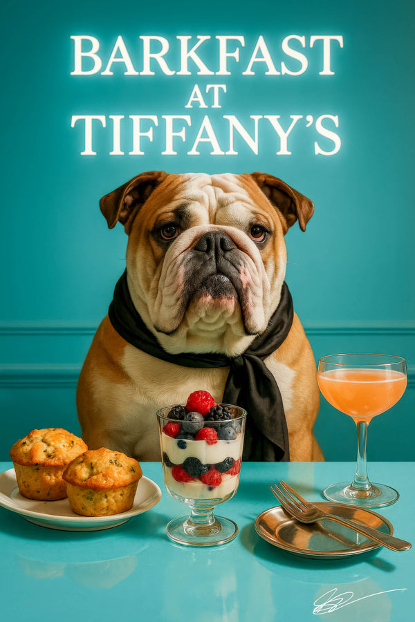 English bulldog wearing black scarf seated on turquoise banquette beside marble table with herb muffins berry parfait and frothy cocktail