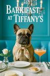 French bulldog wearing floral scarf at teal brunch table with cocktail flower and chandelier metal print