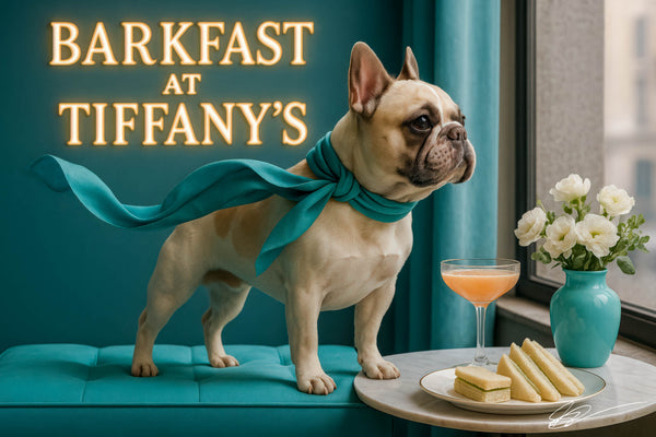 Cream French bulldog wearing teal scarf on teal bench next to tea sandwiches cocktail and flowers metal print