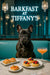 Black French bulldog seated on teal banquette under glass pendants beside marble table with smoked salmon tartines berry scones and cocktail metal print