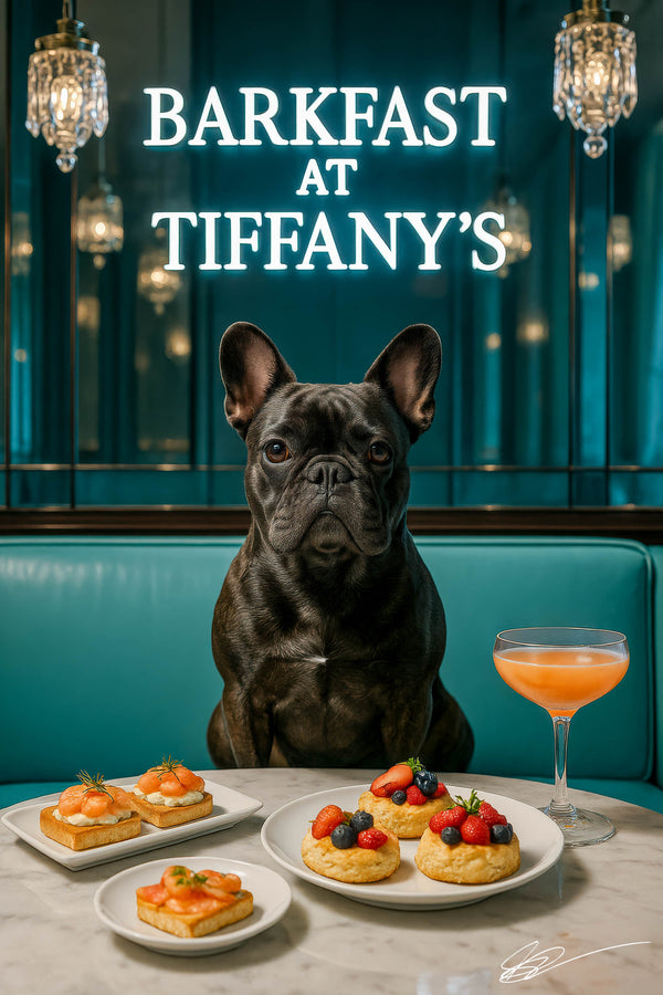 Black French bulldog seated on teal banquette under glass pendants beside marble table with smoked salmon tartines berry scones and cocktail metal print