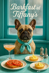 Fawn French bulldog wearing teal scarf at teal café table with tomato toast lemon tarts salt and pepper shakers and cocktail metal print