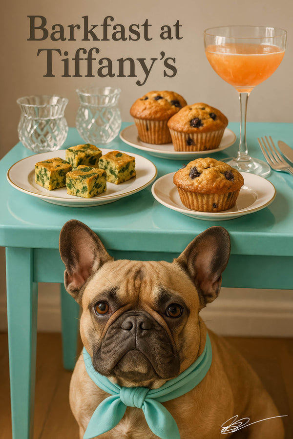 Fawn French bulldog peeking from under Tiffany blue side table with spinach egg bites blueberry muffins crystal glass and cocktail metal print