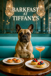 Fawn French bulldog seated at wood table in teal banquette under chandeliers with salmon bites berry scones and cocktail metal print