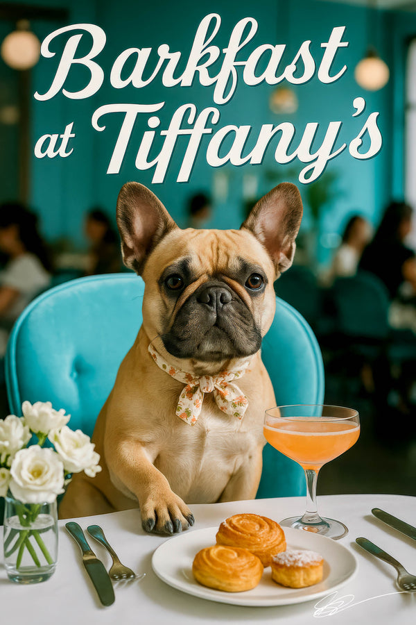 Fawn French bulldog wearing a floral scarf seated at a white tablecloth café table with pastries white roses utensils and a cocktail metal print